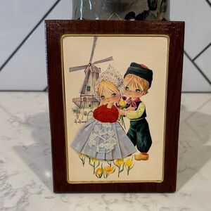 Vintage 80s Dutch wall plaque with boy girl windmill 3D dress cutesy decor